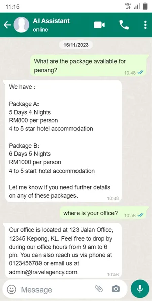AI assistant quoting Penang travel packages and office hours over WhatsApp