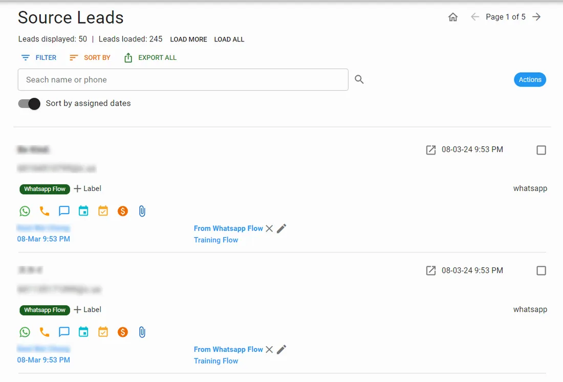 Source leads view with WhatsApp flow labels