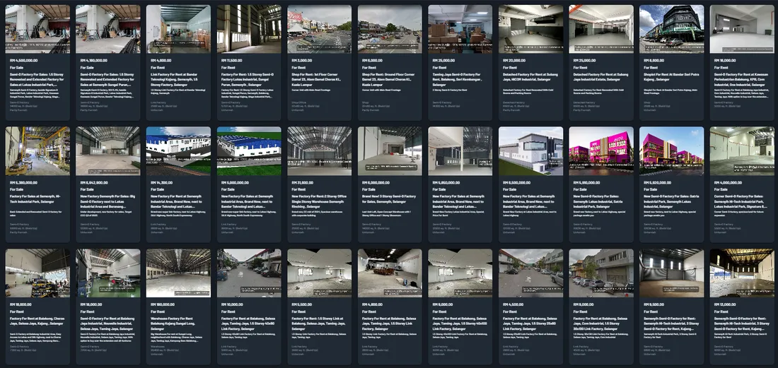 Industrial property listings on a branded page